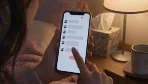 Romance scammer phrases: A person holding a smartphone with a chat interface.