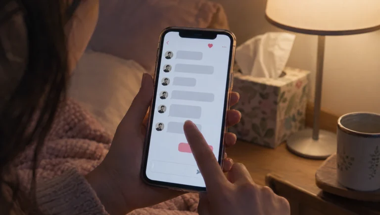 Romance scammer phrases: A person holding a smartphone with a chat interface.