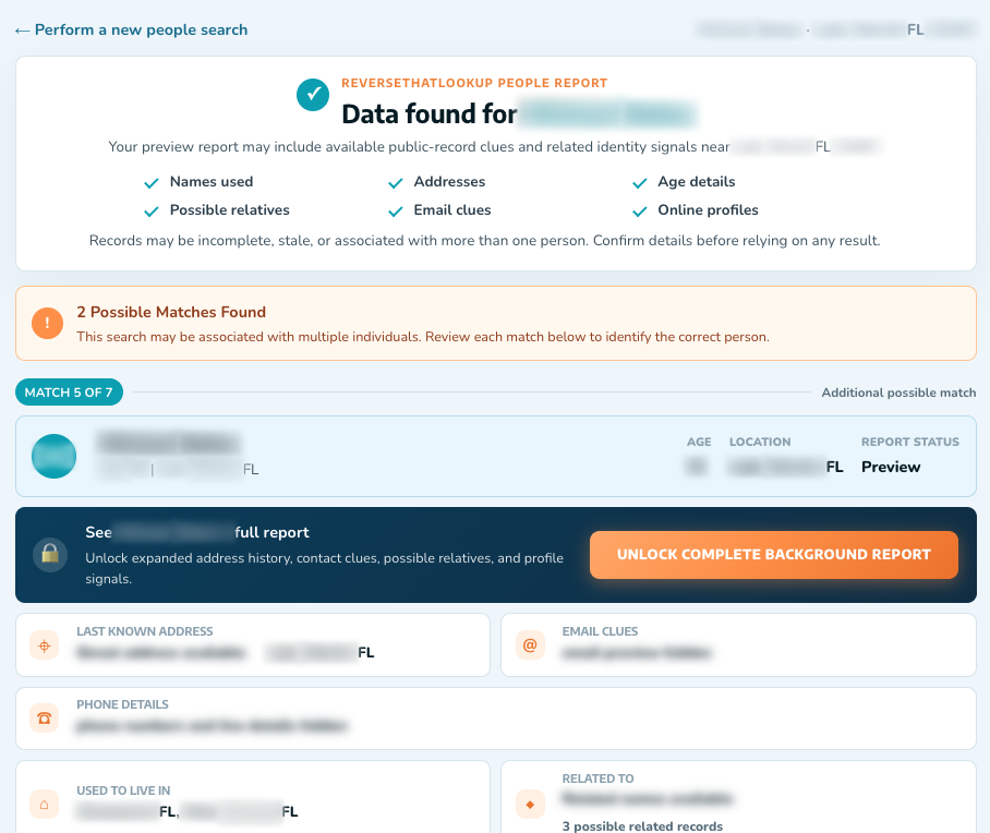 Romance Scammer Phrases to Watch For 1 People Search preview report on Reverse That Lookup showing a matched person with address history and possible relatives, personal details blurred