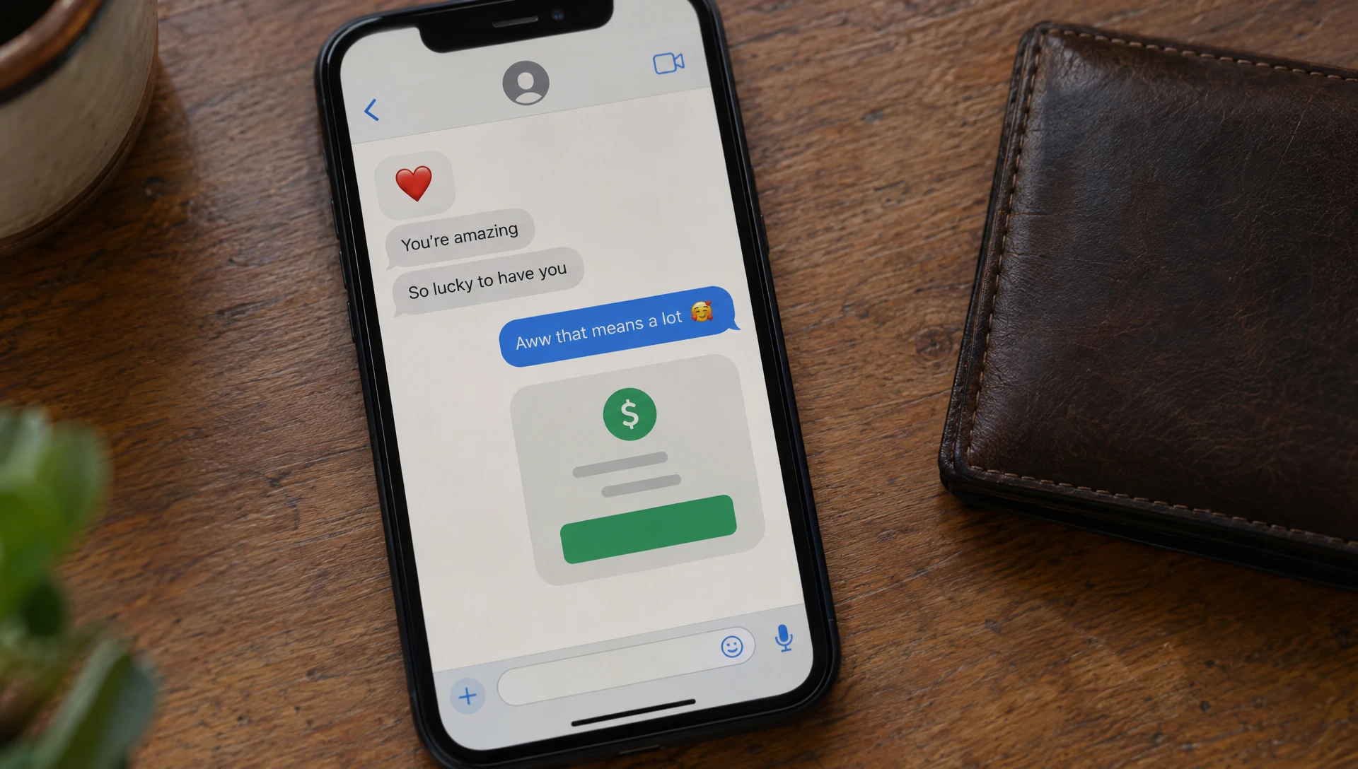 Romance Scammer Phrases to Watch For 2 Smartphone displaying a text conversation with a heart emoji and a message about being lucky to have someone.