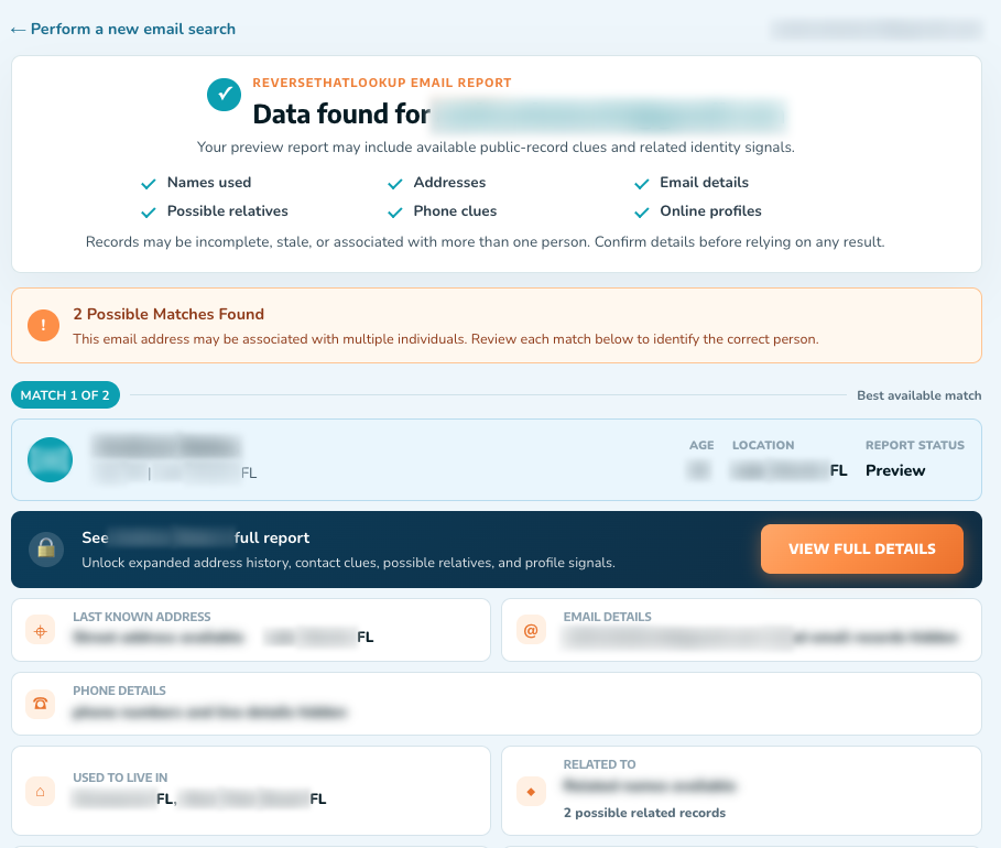 Reverse Email Lookup preview report on Reverse That Lookup showing the matched owner, email details and linked records, personal details blurred