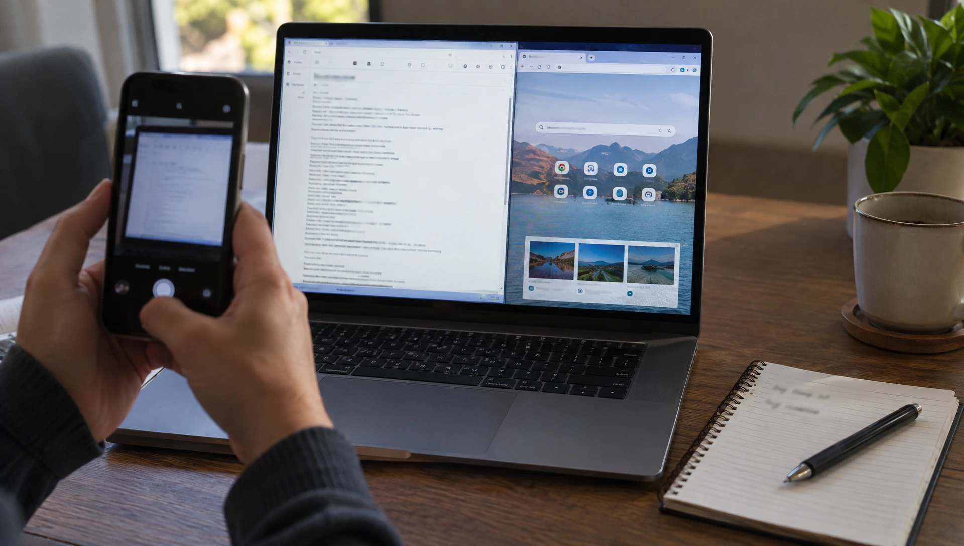 A person is examining a suspicious email on their phone, with a laptop open in front of them, a coffee cup.